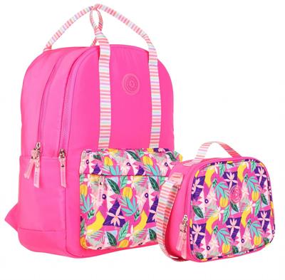 Kaukko Kız Çocuklara Özel Pembe Renkli Yaprak Desenli Okul Çantası ve Beslenme Çantası Seti