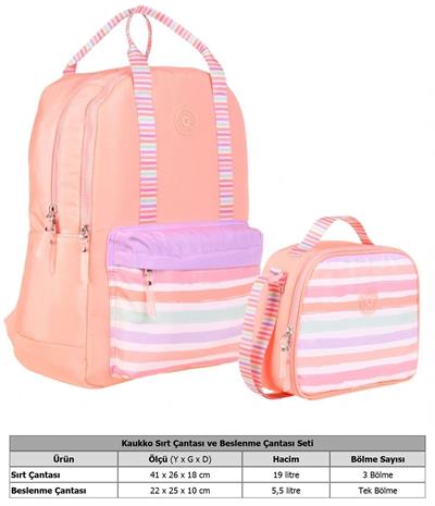 Kaukko Kız Çocuklara Özel Somon Renkli Çizgi Desenli Okul Çantası ve Beslenme Çantası Seti