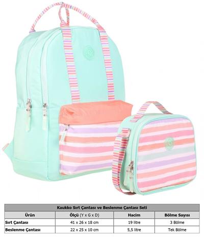 Kaukko Kız Çocuklara Özel Su Yeşili Pembe Renkli Çizgi Desenli Okul Çantası ve Beslenme Çantası Seti