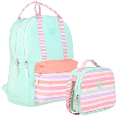 Kaukko Kız Çocuklara Özel Su Yeşili Pembe Renkli Çizgi Desenli Okul Çantası ve Beslenme Çantası Seti