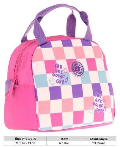 Kaukko Kız Çocuklarına Özel Pembe Mor Dama Baskılı Beslenme Çantası (Isı Yalıtımlı) (K9062)