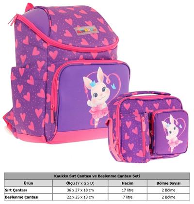 Kaukko L5246+L7246 Okul Sırt Çantası + Beslenme Çantası Seti - Mor Pembe - Kalpli Tavşan - Kız Çocuk
