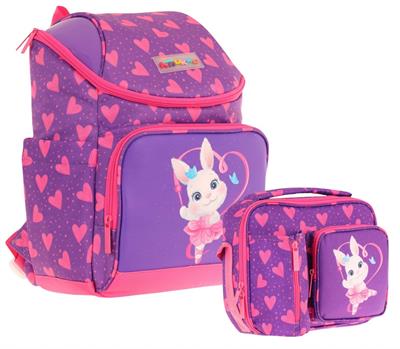 Kaukko L5246+L7246 Okul Sırt Çantası + Beslenme Çantası Seti - Mor Pembe - Kalpli Tavşan - Kız Çocuk