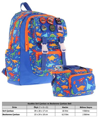Kaukko L5278+L7278 Erkek Çocuk İkili Okul Çantası ve Beslenme Çantası Seti - Mavi - Armalı Dinazor Desenli