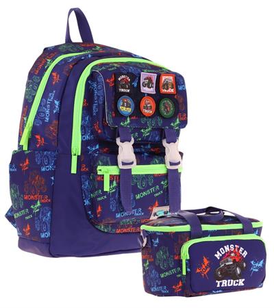 Kaukko L5279+L7279 Erkek Çocuk İkili Okul Çantası ve Beslenme Çantası Seti - Lacivert Yeşil - Armalı Kamyon Desenli