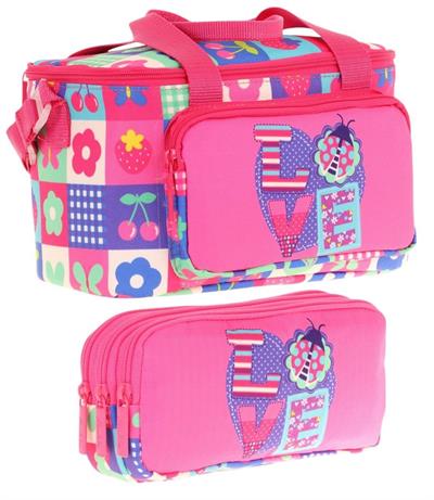 Kaukko (L7229+L8229) Beslenme Çantası (Isı Yalıtımlı) ve Kalem Çantası (Üç Bölme) Seti - Kız Çocuk - Pembe Kırmızı Love Desenli