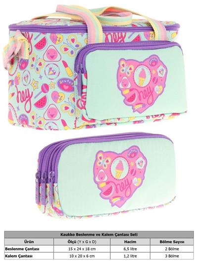 Kaukko (L7230+L8230) Beslenme Çantası (Isı Yalıtımlı) ve Kalem Çantası (Üç Bölme) Seti - Kız Çocuk - Yeşil Mor Kalp Desenli