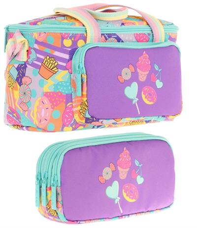 Kaukko (L7231+L8231) Beslenme Çantası (Isı Yalıtımlı) ve Kalem Çantası (Üç Bölme) Seti - Kız Çocuk - Mor Yeşil Şekerleme Desenli