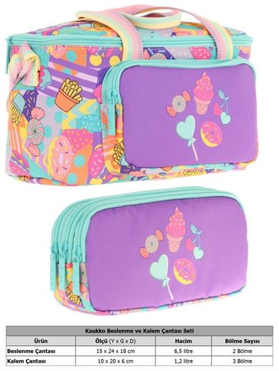 Kaukko (L7231+L8231) Beslenme Çantası (Isı Yalıtımlı) ve Kalem Çantası (Üç Bölme) Seti - Kız Çocuk - Mor Yeşil Şekerleme Desenli