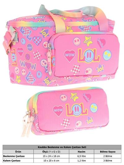 Kaukko (L7237+L8237) Beslenme Çantası (Isı Yalıtımlı) ve Kalem Çantası (Üç Bölme) Seti - Kız Çocuk - Pembe Lol Baskılı