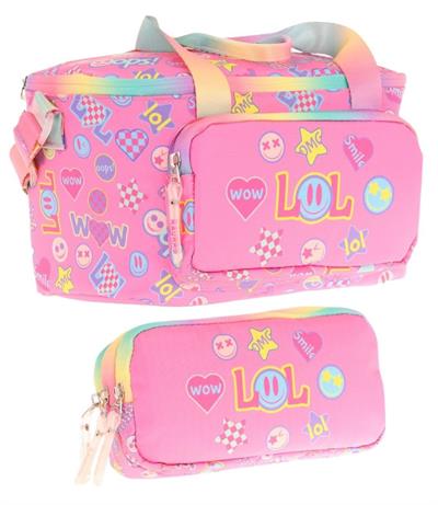 Kaukko (L7237+L8237) Beslenme Çantası (Isı Yalıtımlı) ve Kalem Çantası (Üç Bölme) Seti - Kız Çocuk - Pembe Lol Baskılı