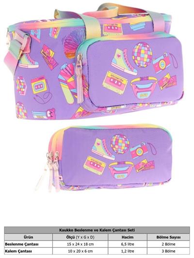 Kaukko (L7238+L8238) Beslenme Çantası (Isı Yalıtımlı) ve Kalem Çantası (Üç Bölme) Seti - Kız Çocuk - Mor Hobi Baskılı