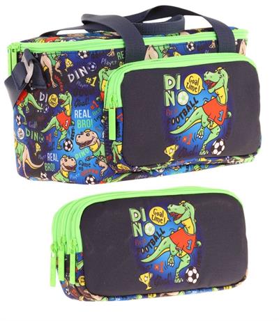 Kaukko (L7266+L8266) Beslenme Çantası (Isı Yalıtımlı) ve Kalem Çantası (Üç Bölme) Seti - Erkek Çocuk - Lacivert Yeşil Dinazor Baskılı