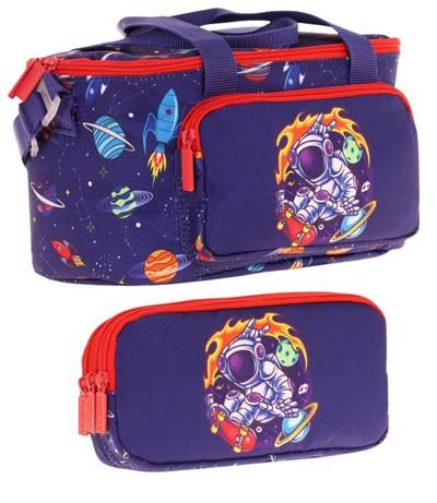 Kaukko (L7267+L8267) Beslenme Çantası (Isı Yalıtımlı) ve Kalem Çantası (Üç Bölme) Seti - Erkek Çocuk - Lacivert Kırmızı Astronot Baskılı