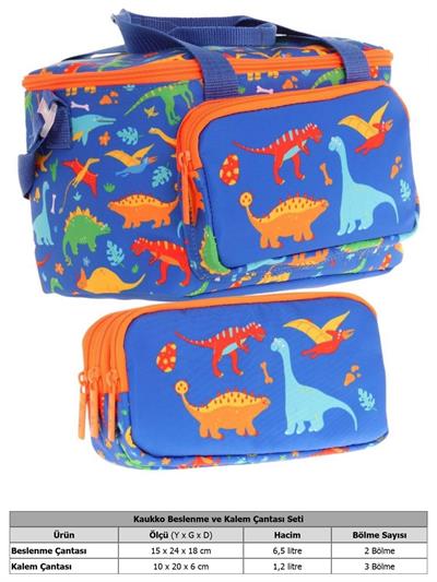 Kaukko (L7278+L8278) Beslenme Çantası (Isı Yalıtımlı) ve Kalem Çantası (Üç Bölme) Seti - Erkek Çocuk - Lacivert Yeşil Dinazor Desenli