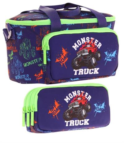 Kaukko (L7279+L8279) Beslenme Çantası (Isı Yalıtımlı) ve Kalem Çantası (Üç Bölme) Seti - Erkek Çocuk - Yeşil Lacivert Monster Truck
