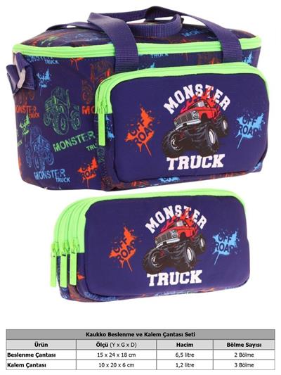 Kaukko (L7279+L8279) Beslenme Çantası (Isı Yalıtımlı) ve Kalem Çantası (Üç Bölme) Seti - Erkek Çocuk - Yeşil Lacivert Monster Truck