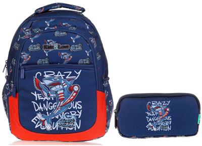 Kaukko Lacivert Kırmızı Mekanik Köpekbalığı İlkokul Sırt Çantası ve Kalemlik Seti - Erkek