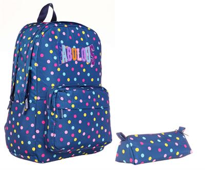 Kaukko Lacivert Puantiyeli Okul Sırt Çantası ve Kalemlik Seti - Kız Çocuk