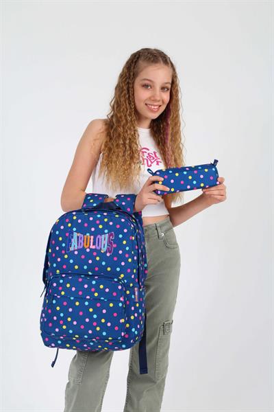 Kaukko Lacivert Puantiyeli Okul Sırt Çantası ve Kalemlik Seti - Kız Çocuk