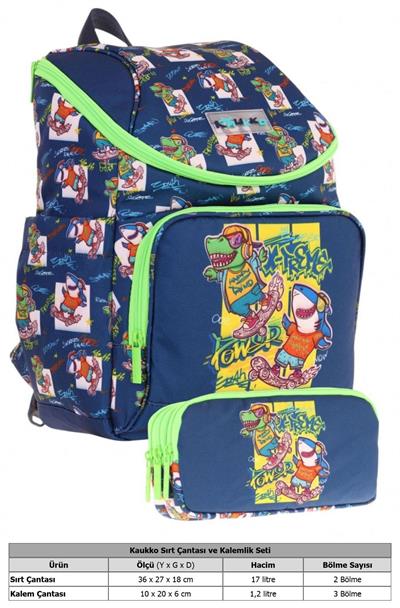 Kaukko Lacivert Yeşil, Dinazor Temalı, Erkek Çocuk Okul Çantası ve Kalem Çantası Seti - L5256+L8256