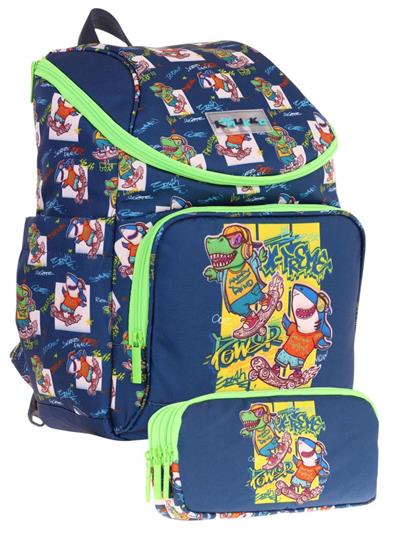 Kaukko Lacivert Yeşil, Dinazor Temalı, Erkek Çocuk Okul Çantası ve Kalem Çantası Seti - L5256+L8256