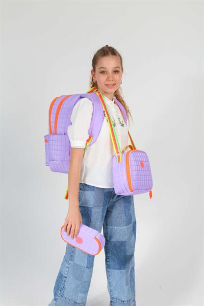 Kaukko Quilted Mor Turuncu Kapitone Üçlü Okul Çantası Seti - Kız Çocuk