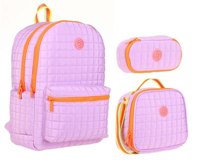 Kaukko Quilted Mor Turuncu Kapitone Üçlü Okul Çantası Seti - Kız Çocuk