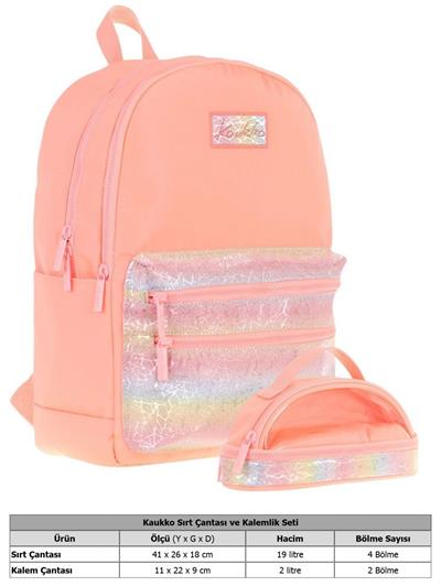 Kaukko Magic Dreams Okul Sırt Çantası ve Şeffaf Kalem Çantası Seti - Kız Çocuk - Somon