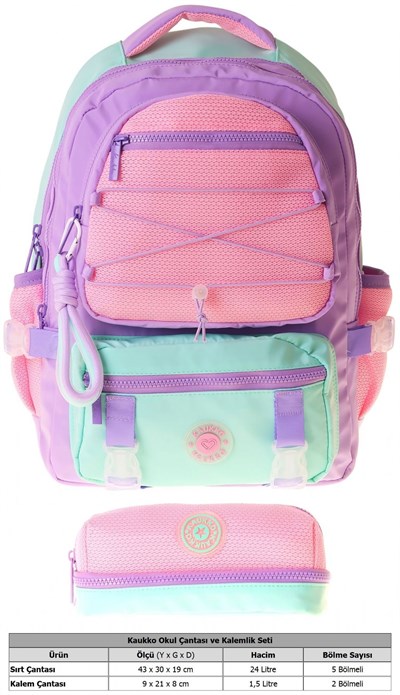 Kaukko Mesh Lilac Kız Çocuk Lila - Pembe Okul Sırt Çantası ve Kalem Çantası Seti - SETKK-K1849C