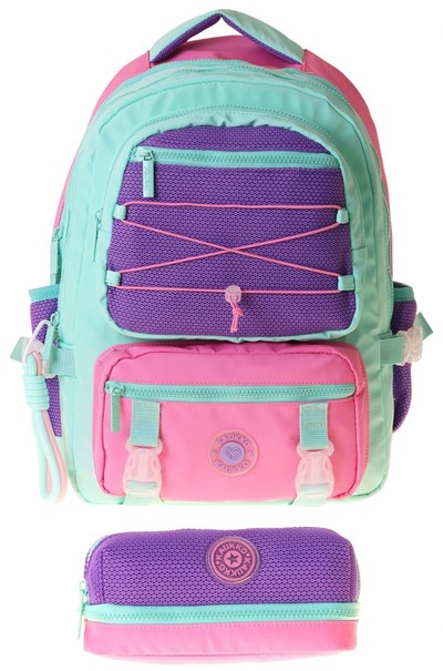 Kaukko Mesh Mint Kız Çocuk Yeşil - Mor - Pembe Okul Sırt Çantası ve Kalem Çantası Seti - SETKK-K1851C