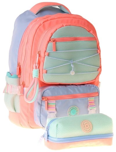 Kaukko Mesh Salmon Kız Çocuk Pembe - Yeşil Okul Sırt Çantası ve Kalem Çantası Seti - SETKK-K1853C