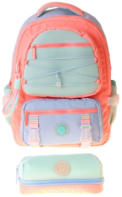 Kaukko Mesh Salmon Kız Çocuk Pembe - Yeşil Okul Sırt Çantası ve Kalem Çantası Seti - SETKK-K1853C