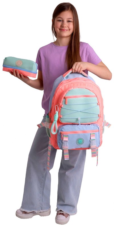 Kaukko Mesh Salmon Kız Çocuk Pembe - Yeşil Okul Sırt Çantası ve Kalem Çantası Seti - SETKK-K1853C