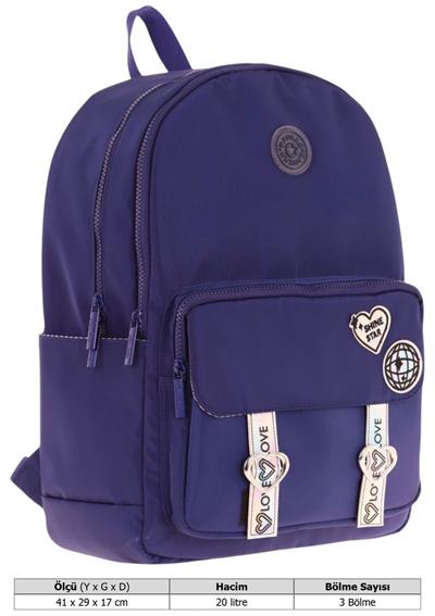 Kaukko Mirror Parlak Love Şeritli Kalp Aksesuarlı Okul ve Günlük Sırt Çantası - Kız Çocuk/Kadın - Lacivert - K1843