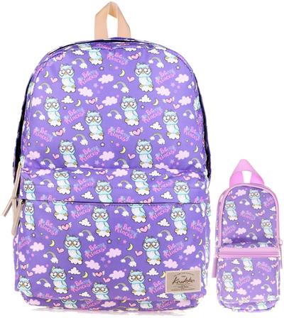 Kaukko Mor Baykuş Okul Çantası ve Kalemlik Seti - Kız