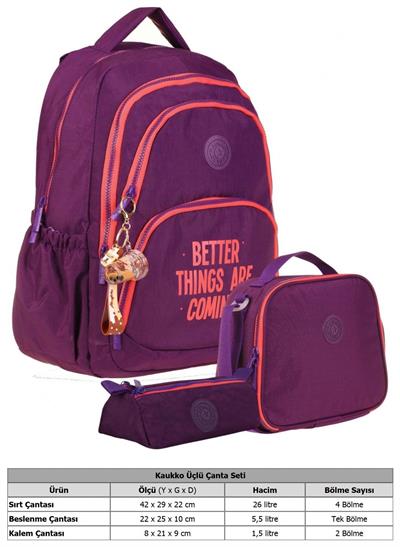 Kaukko Mor Kız Çocuk Üçlü Okul Çanta Seti - Krinkıl Kumaş - K1678+K9002+K2643