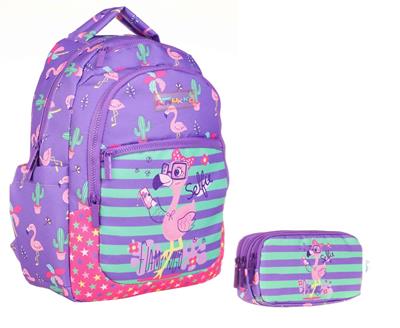 Kaukko Mor Pembe Flamingo Okul Sırt Çantası ve Kalemlik Seti - Kız Çocuk