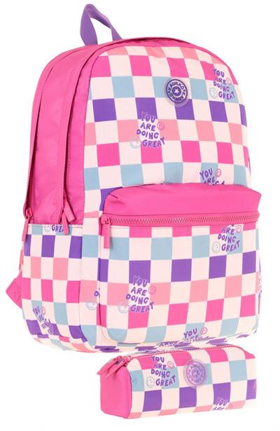 Kaukko Nature Dama Desenli Pembe Kız Çocuk Okul Çantası ve Kalemlik Okul Seti