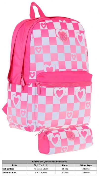 Kaukko Nature Dama ve Kalp Desenli Pembe Kız Çocuk Okul Çantası ve Kalemlik Okul Seti