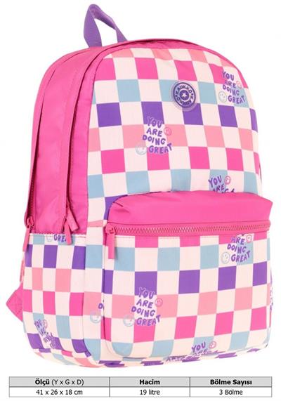 Kaukko Nature Kız Çocuk Üç Bölmeli Pembe Dama Desenli Okul Sırt Çantası - K1787