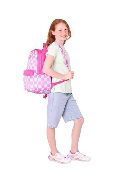 Kaukko Nature Kız Çocuk Üç Bölmeli Pembe Dama ve Kalp Desenli Okul Sırt Çantası - K1788