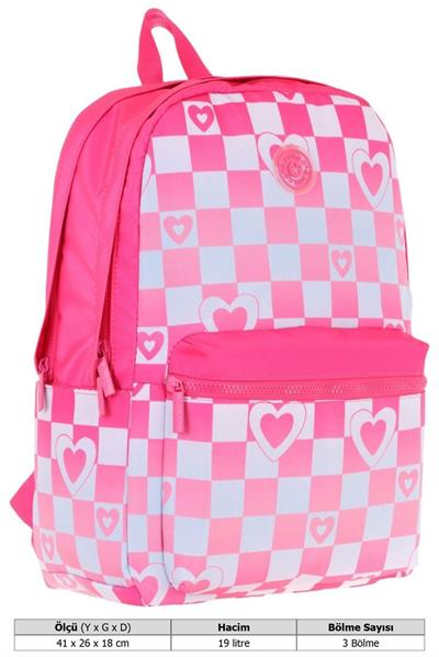 Kaukko Nature Kız Çocuk Üç Bölmeli Pembe Dama ve Kalp Desenli Okul Sırt Çantası - K1788