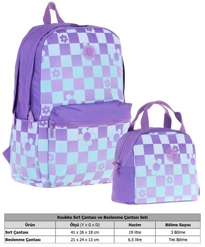 Kaukko Nature Mor Mavi Papatya ve Kare Desenli Okul Çantası ve Isı Yalıtımlı Beslenme Seti - Kız Çocuk