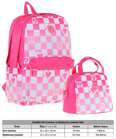 Kaukko Nature Pembe Dama ve Kalp Desenli Okul Çantası ve Isı Yalıtımlı Beslenme Seti - Kız Çocuk