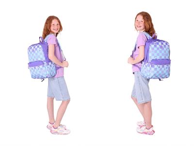 Kaukko Nature Üçlü Kız Çocuk Okul Çanta Seti - Mor Mavi - Papatya ve Kare Desenli