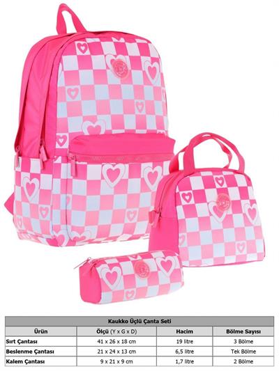 Kaukko Nature Üçlü Kız Çocuk Okul Çanta Seti - Pembe - Dama ve Kalp Desenli