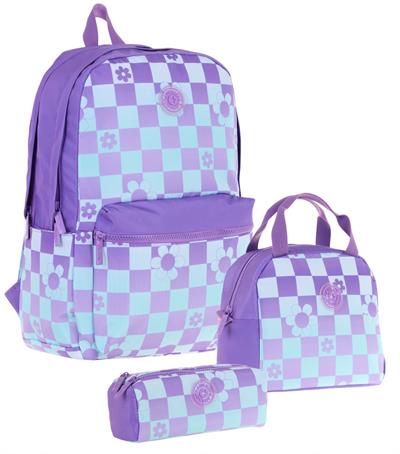 Kaukko Nature Üçlü Kız Çocuk Okul Çanta Seti - Mor Mavi - Papatya ve Kare Desenli