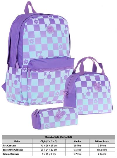 Kaukko Nature Üçlü Kız Çocuk Okul Çanta Seti - Mor Mavi - Papatya ve Kare Desenli
