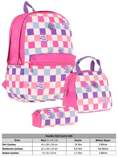 Kaukko Nature Üçlü Kız Çocuk Okul Çanta Seti - Pembe - Dama Desenli